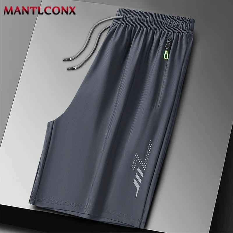 Gray shorts with a brand logo on a gray background
