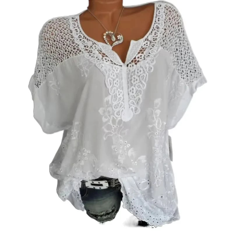 White lace top worn by a mannequin on a white background