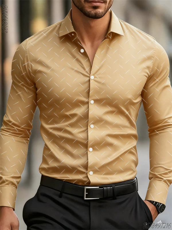 Man wearing a beige patterned shirt with black pants against a blurred background