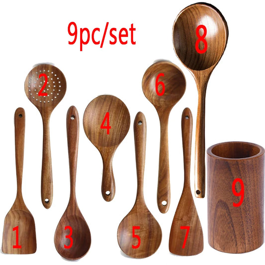 Thailand teak natural wood kitchen utensils set – spoon, ladle, turner, rice colander, soup skimmer, scoop cooking tools