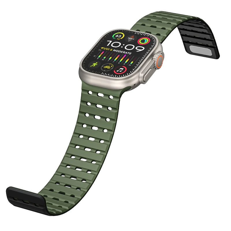 The image shows a variety of magnetic straps for Apple Watches in different colors, with a prominent orange strap displayed in detail, along with options for different watch models.