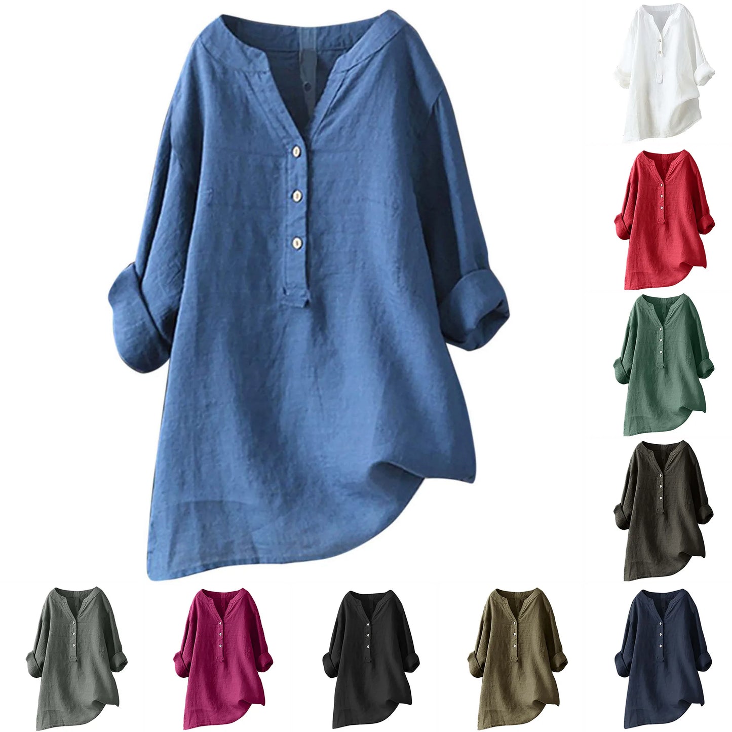 Unisex Women Men Cotton Linen Blouse Shirts Spring Summer Button V Neck Long Lantern Sleeve Loose Blouse Tops XTYFZ-020