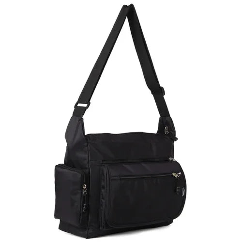 Black shoulder bag with multiple pockets on a white background