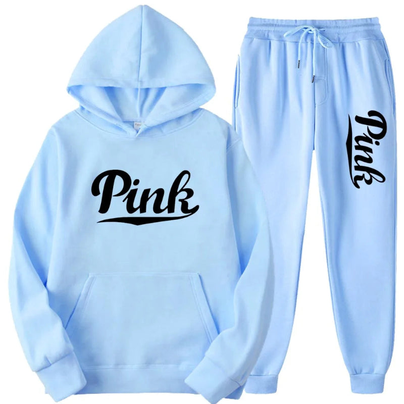 Light blue hoodie and jogger set with 'Pink' text on a white background