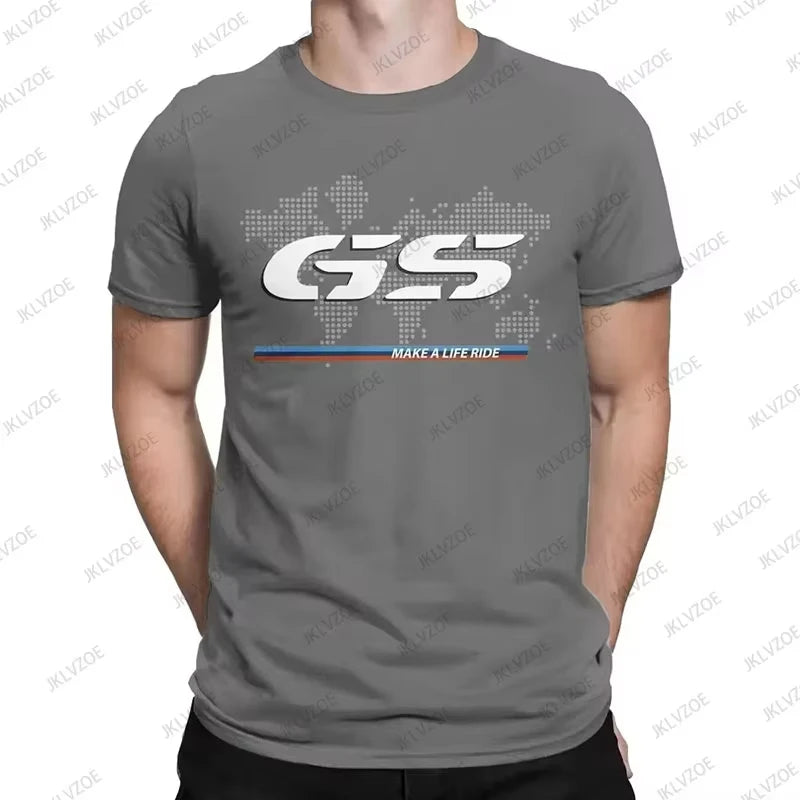 Gray t-shirt with 'GS' logo and text on a white background
