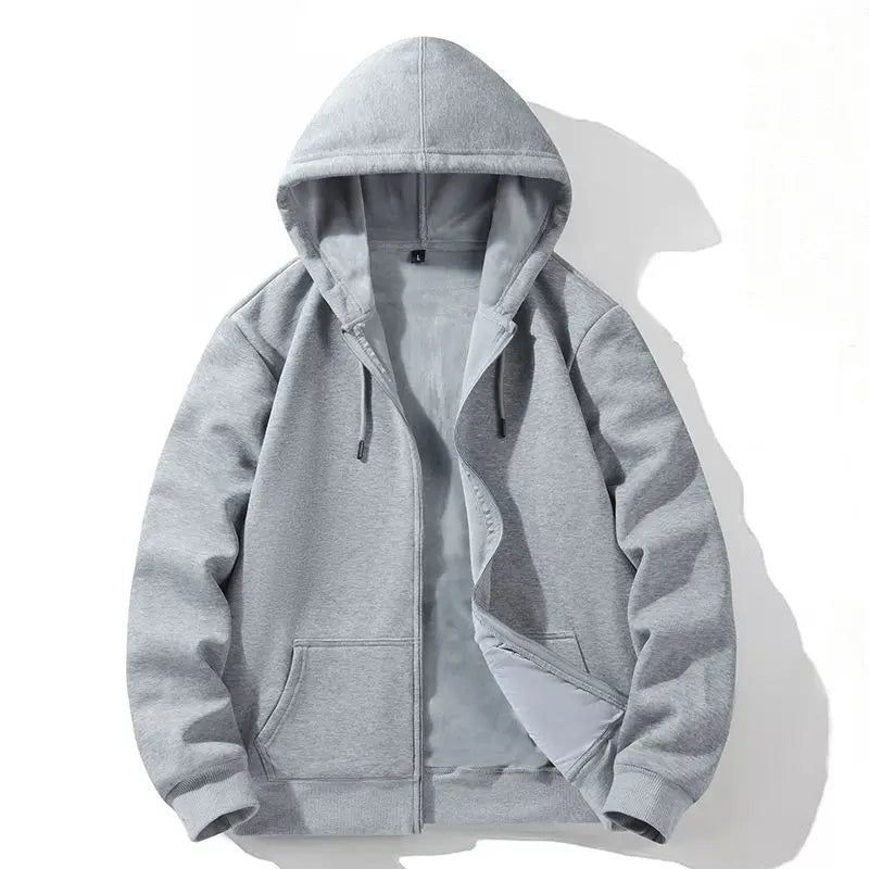 Gray hoodie with a zipper on a white background