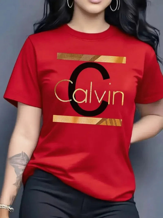 Person wearing a red Calvin Klein t-shirt with a gray background