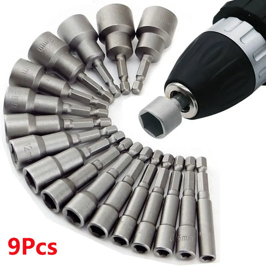 Set of drill bits arranged around a drill bit adapter on a white background