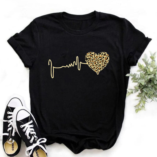 Women's 90s leopard heartbeat graphic t-shirt in short sleeves, Harajuku style black