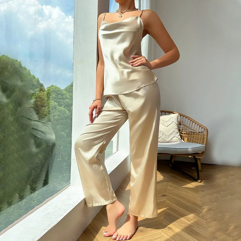 Women's Ice Silk Satin Pajamas Set Spring Summer Thin Sling & Long Pants 2-Piece Fashion Faux Silk Loungewear Home Sleepwear