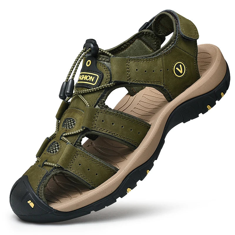 Green and beige sandal with brand logo on a white background