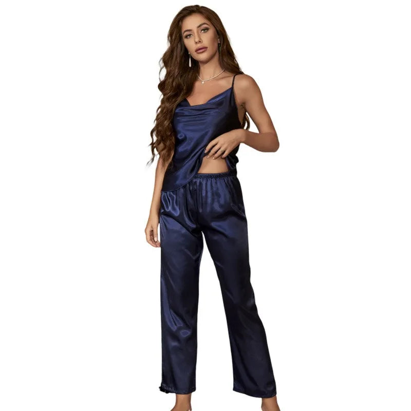 DNLin Thin Ice Silk Pajamas Women's Loungewear Set Sling Top and Sleep Pants Fashion Sexy Casual Outer Wear Home Wear