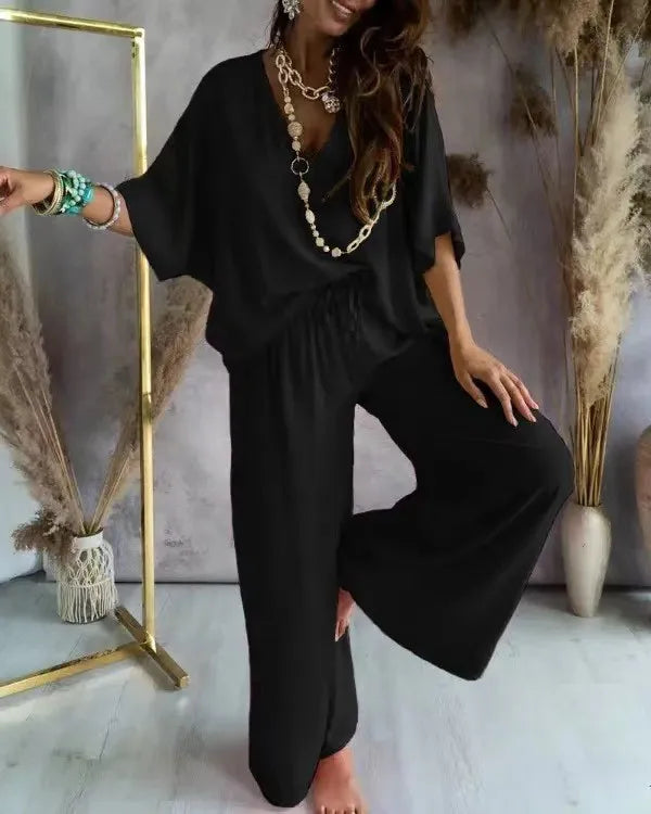 Women’s 2-piece vacation outfit V-neck blouse and wide leg beachwear pants set black 1