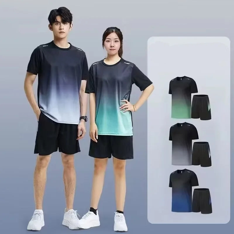 Two people wearing gradient t-shirts and shorts with inset images of the outfit.