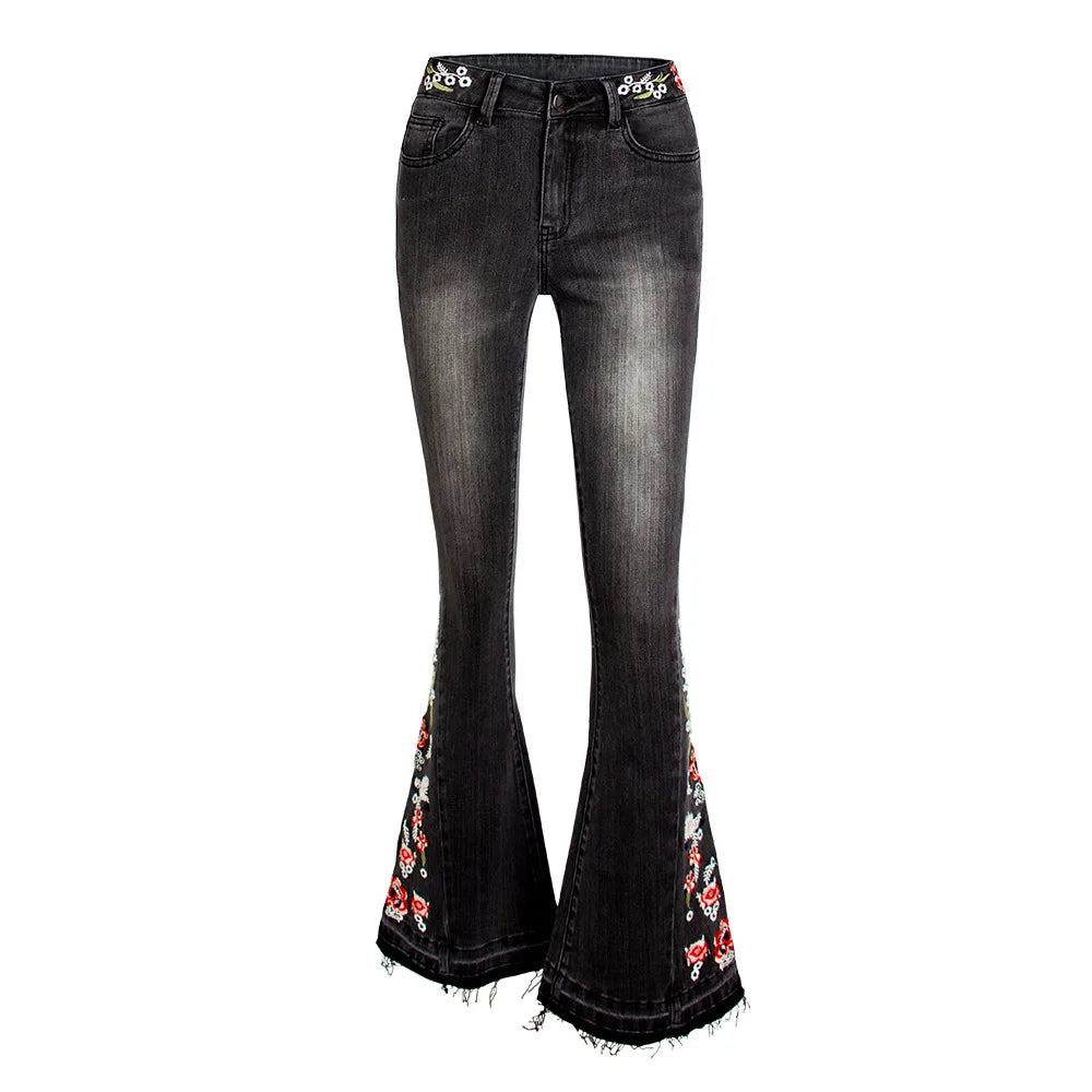 Jeans Flare Pants Women Embroidery Boot Cut Streetwear Mid Waist Floor Length Pockets Washed Distressed Vintage Denims Trousers