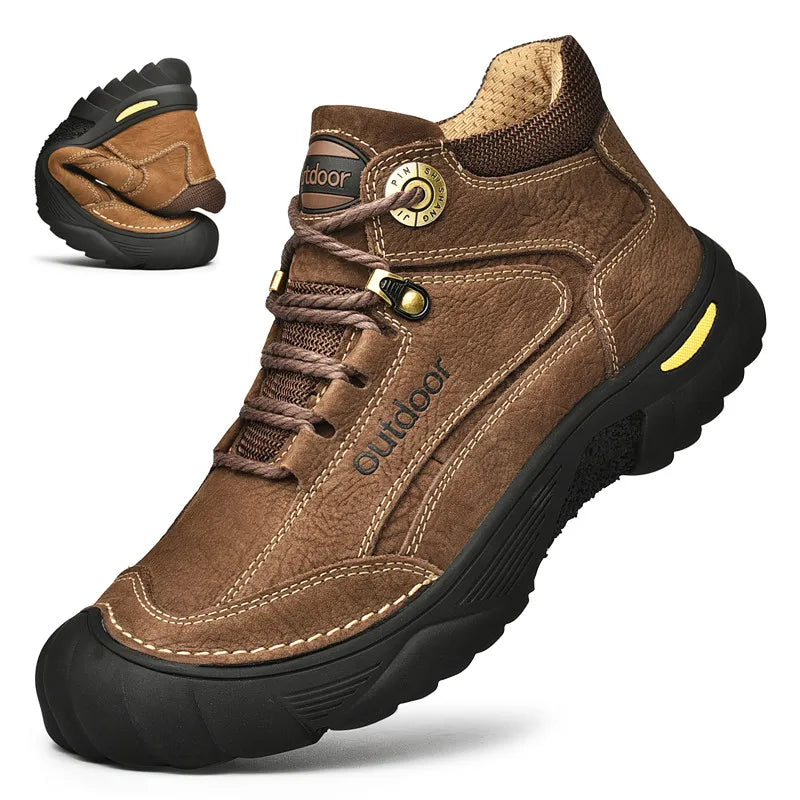 Brown hiking shoe with black sole on a white background