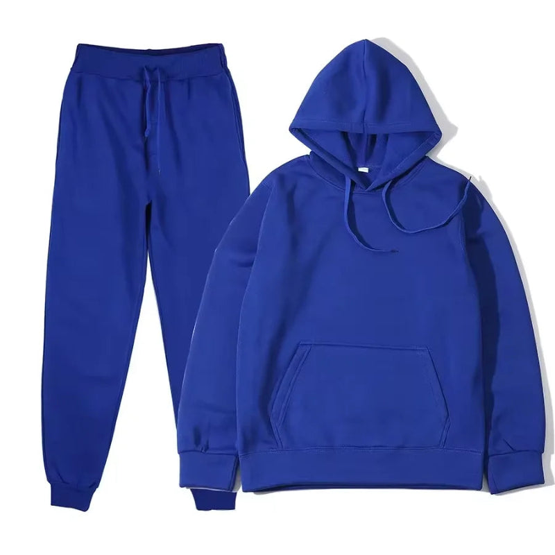 Unisex solid color fleece hoodie and pants two‑piece sports set for autumn and winter blue2