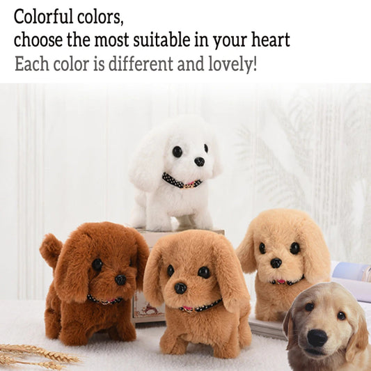 Collection of plush dog toys in various colors on a white background