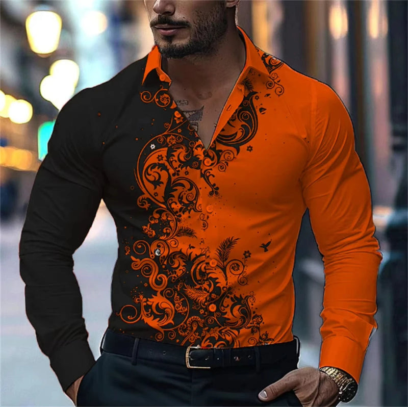 Man wearing a black and orange patterned shirt with a blurred cityscape background