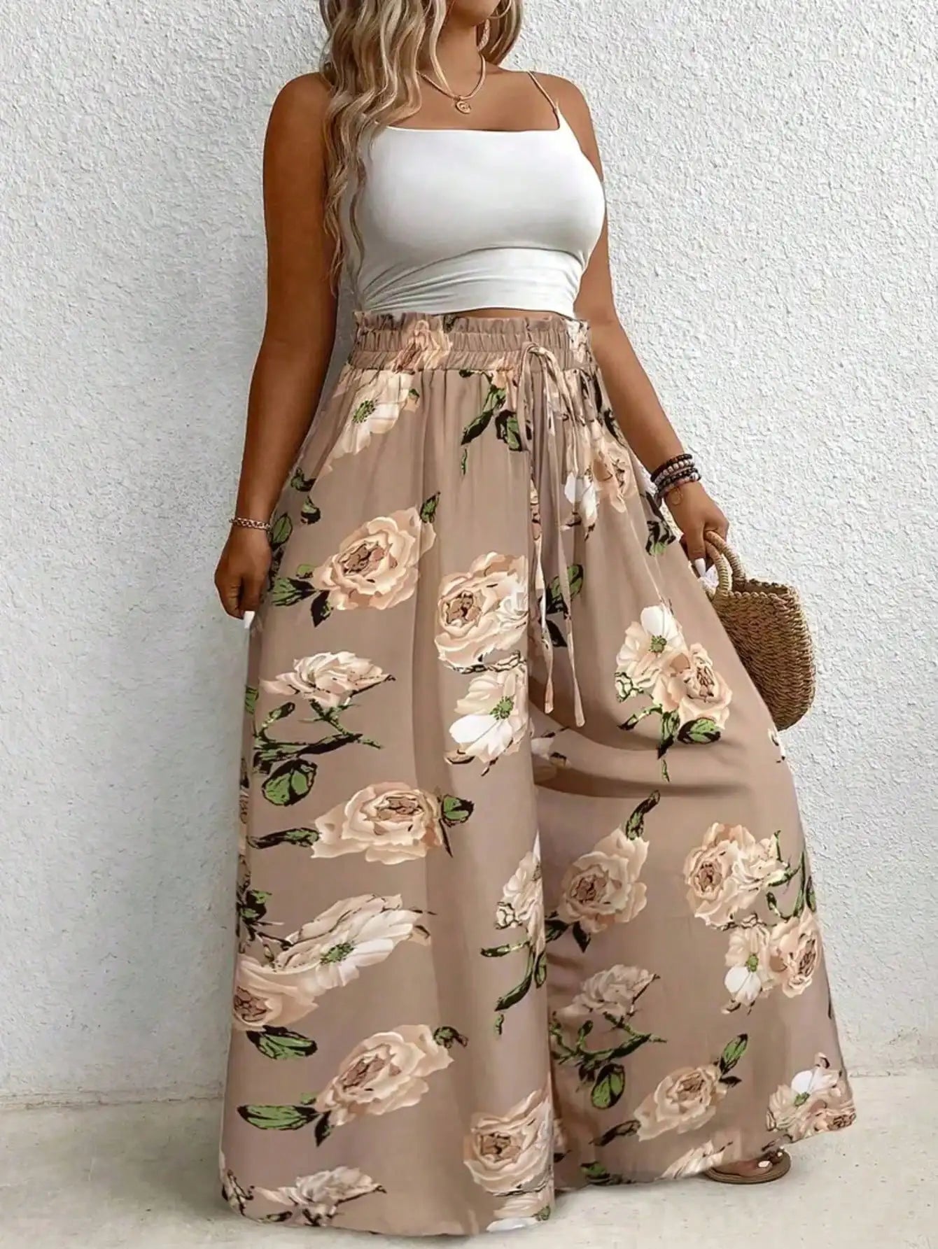 Ladies' plus size printed wide leg pants elegant loose pants imitation drawstring waistband machine washable non stretch fabric