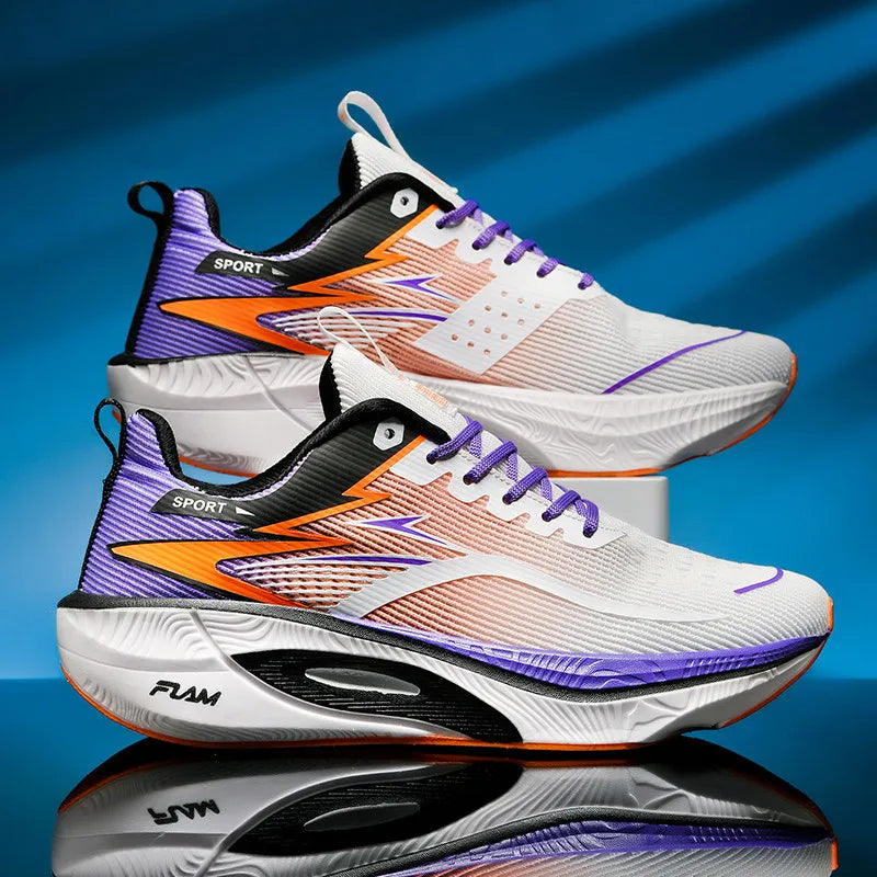 Colorful running shoes with a reflective surface on a blue gradient background