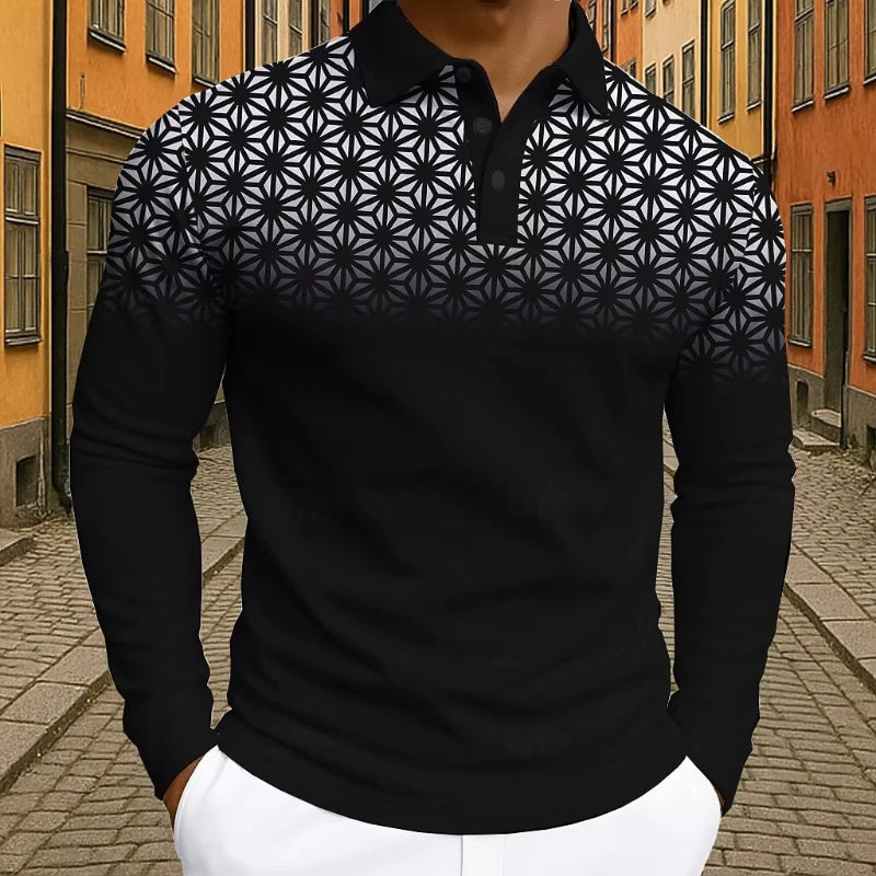 Person wearing a black and white patterned shirt on a street background