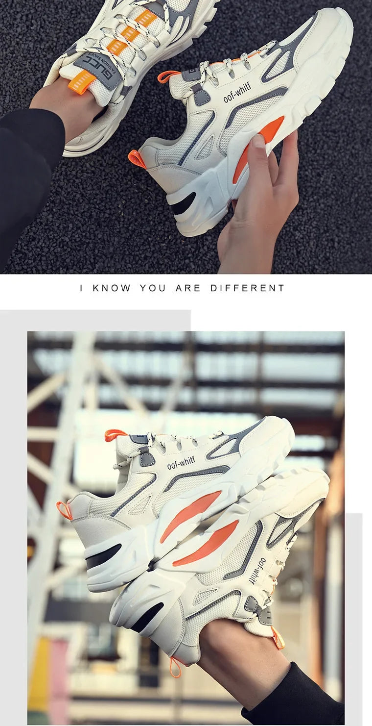 White sneakers with orange accents held by a person, with a text overlay 'I KNOW YOU ARE DIFFERENT' on a blurred background.