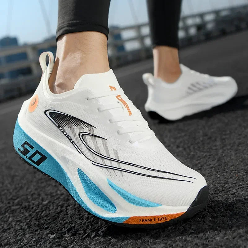 White running shoe with blue accents on a road