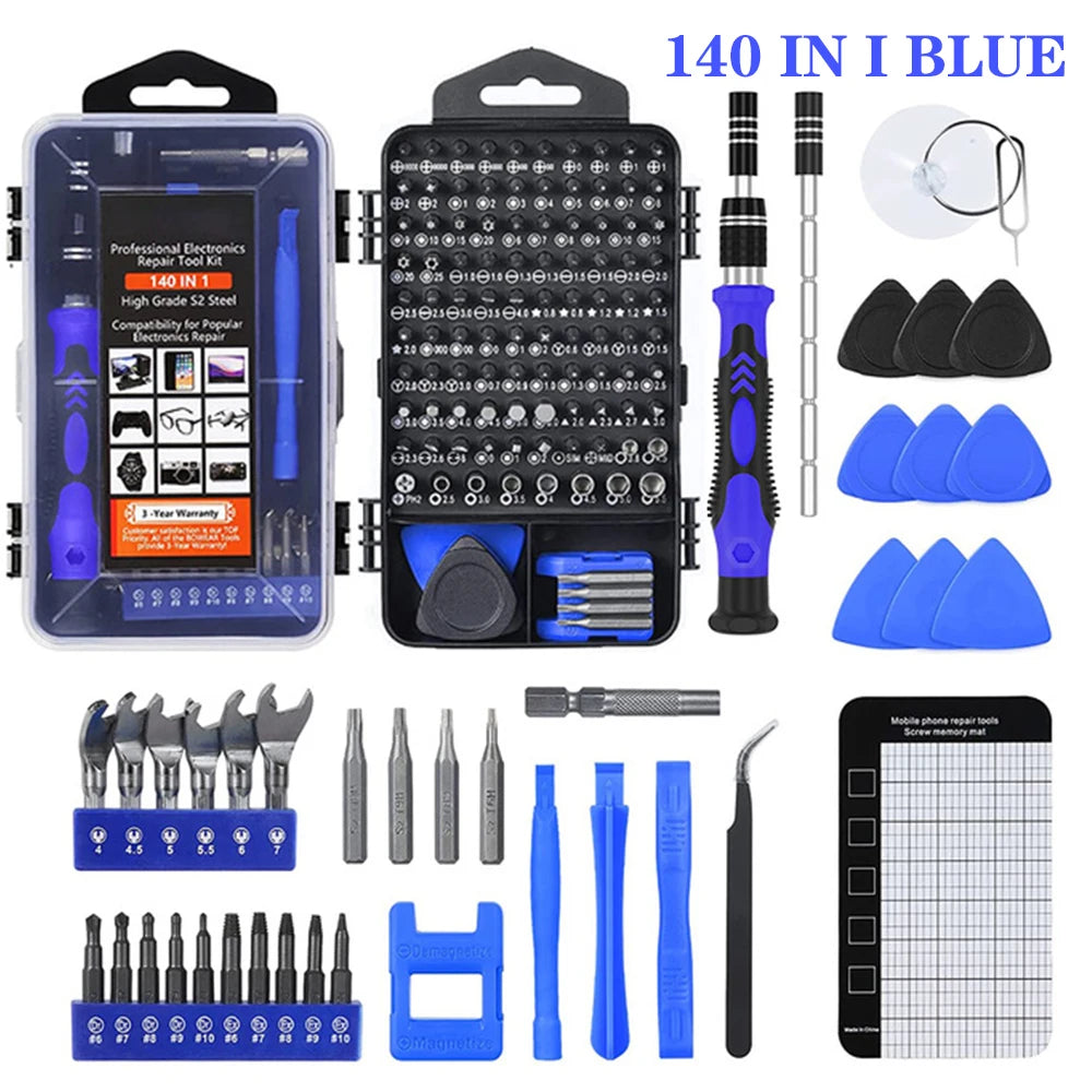 140-in-1 blue tool set with various tools and accessories on a white background