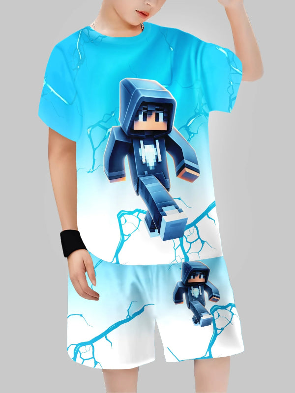 Child wearing a blue t-shirt and shorts with a robot graphic on a gray background