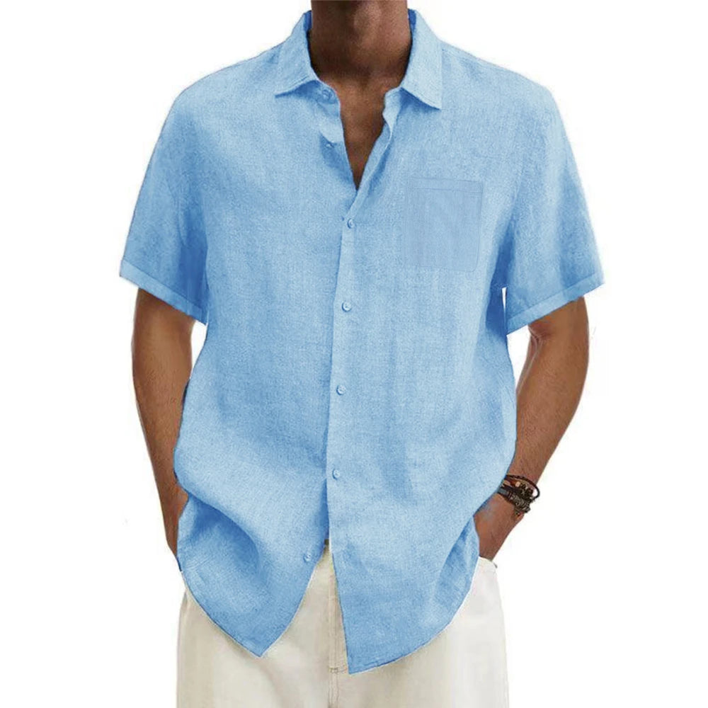 Men’s cotton linen short-sleeve shirt with turn-down collar in solid color, casual beach style, plus size available, lightweight summer top.  - blue
