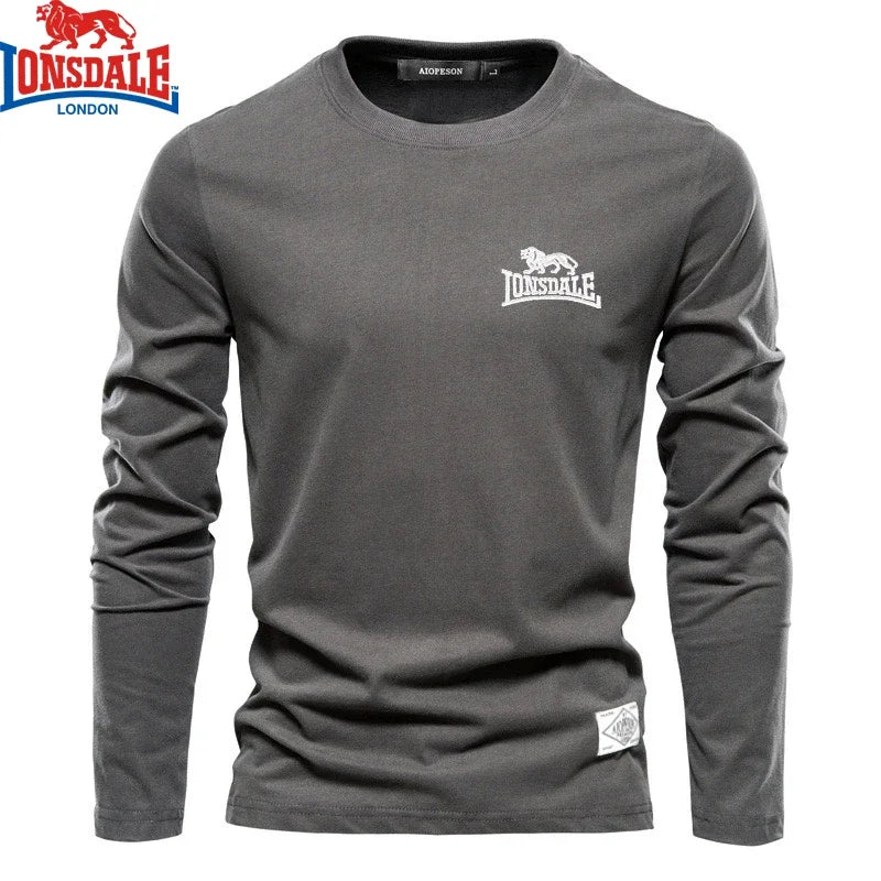 Men’s embroidered LONSDALE 100% cotton long sleeve round neck T-shirt – casual and outdoor sportswear dark gray