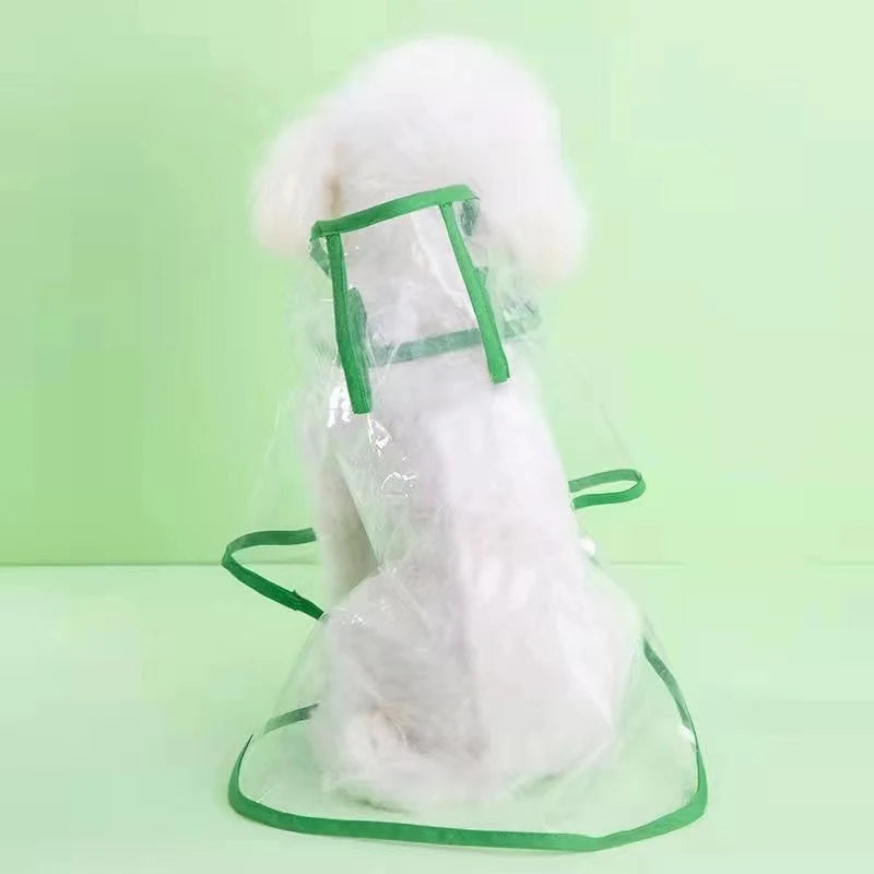 Small dog wearing a transparent waterproof PVC raincoat with hood-003