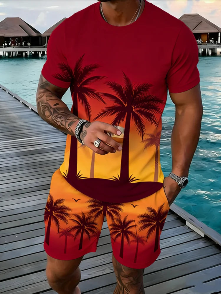 Popular Coconut Tree Printed T-shirt Sets Hawaii Style Tee Shorts Outfits Summer Vacation Two-piece Sets Hot Sell Men's Clothing