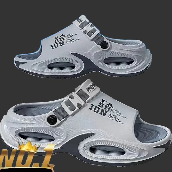 Gray sandals with 'ION' branding on a blue and gray gradient background