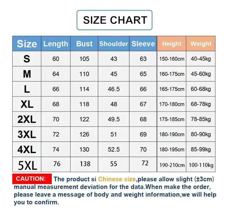 Size chart for clothing measurements on a white background