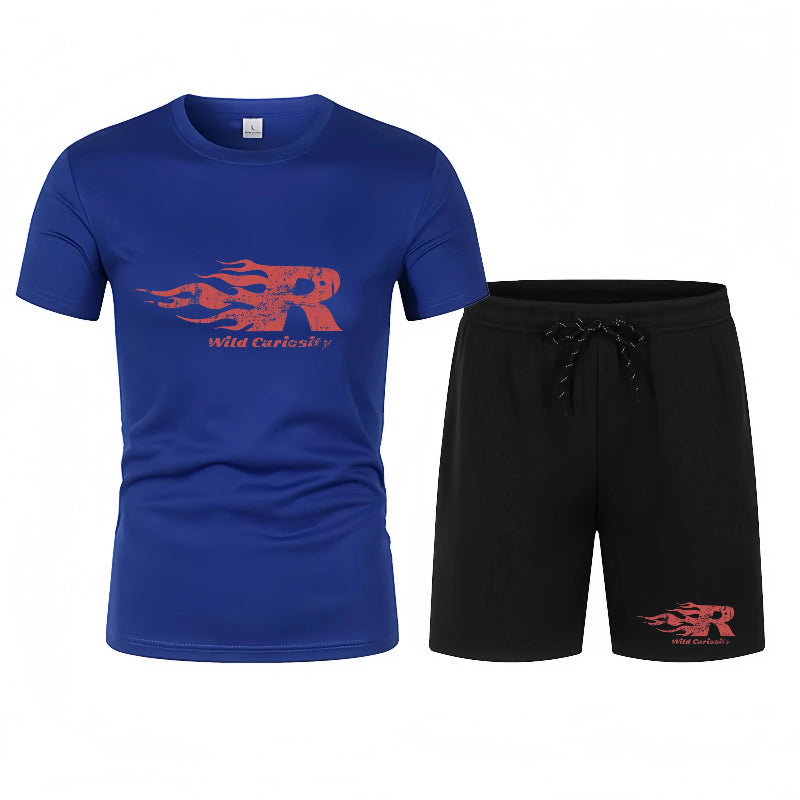 Blue t-shirt and black shorts with a red logo on a white background