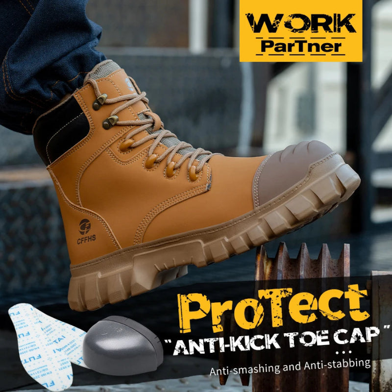 Brown work boot with protective features on a blurred background, featuring 'Work Partner' branding.