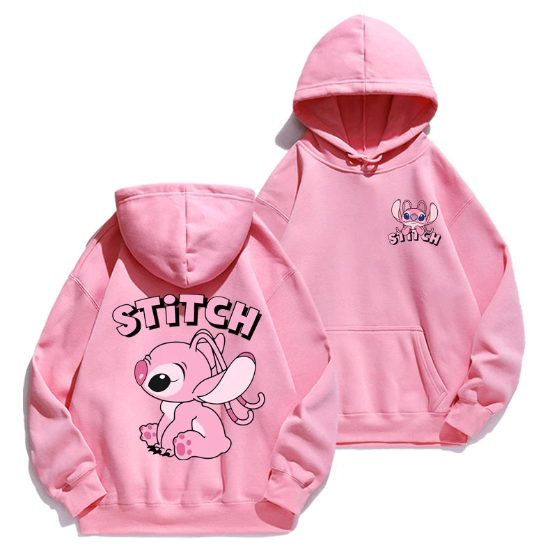 Loose fit Stitch cartoon hoodie with anime design, cozy for autumn/winter, perfect for couples or fans of cute American-style hoodies pink stitch