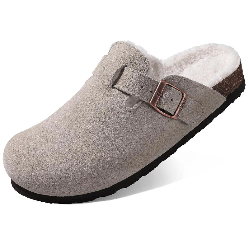 Gray suede clog with a buckle on a white background