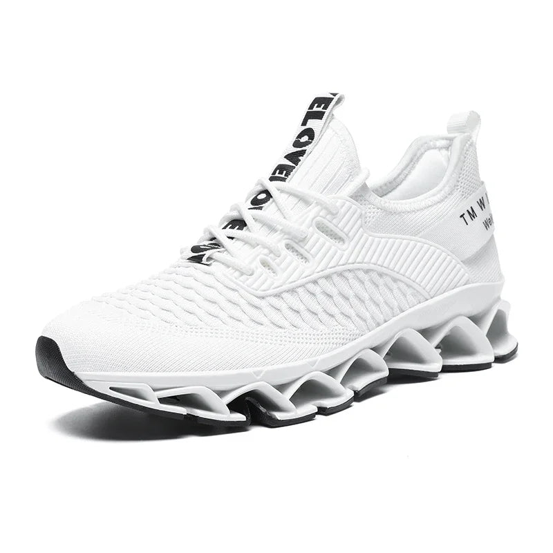White athletic shoe with unique sole design on a white background