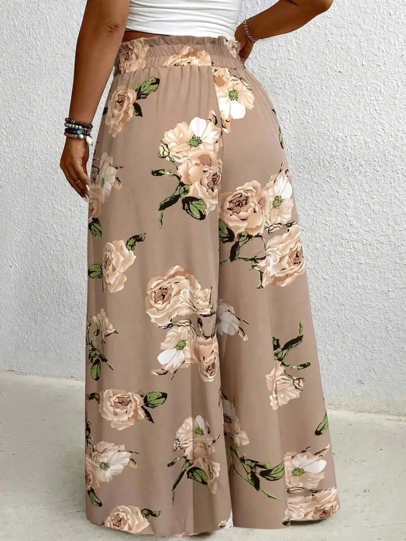 Ladies' plus size printed wide leg pants elegant loose pants imitation drawstring waistband machine washable non stretch fabric