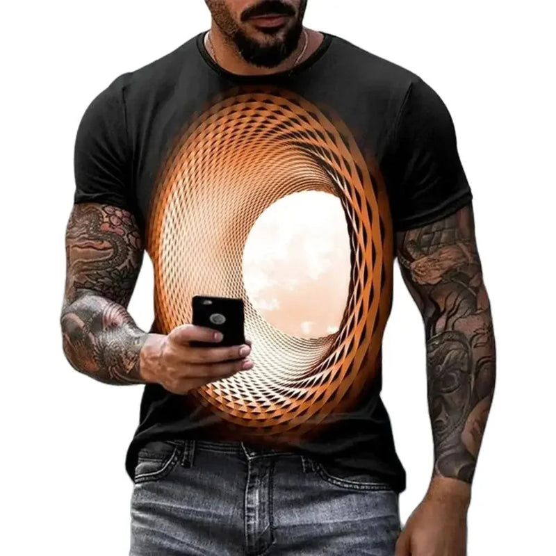 Man wearing a black t-shirt with a unique circular design, holding a phone.