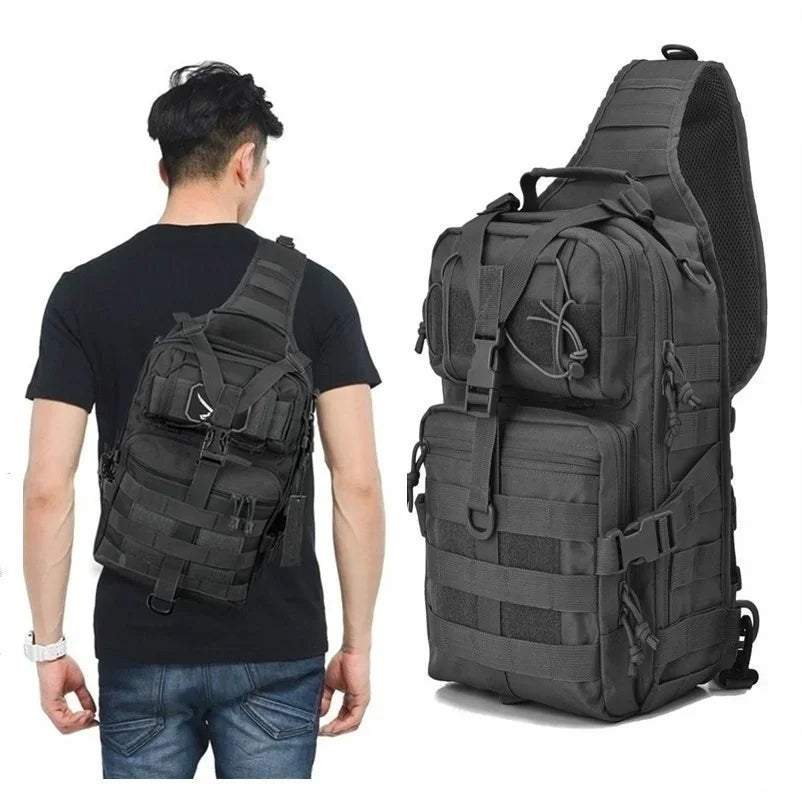 Tactical backpack worn by a person on the left side of the image with a close-up of the backpack on the right.