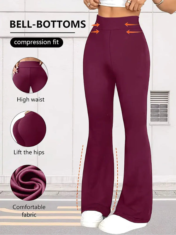 Maroon bell-bottom pants with features highlighted on a white background