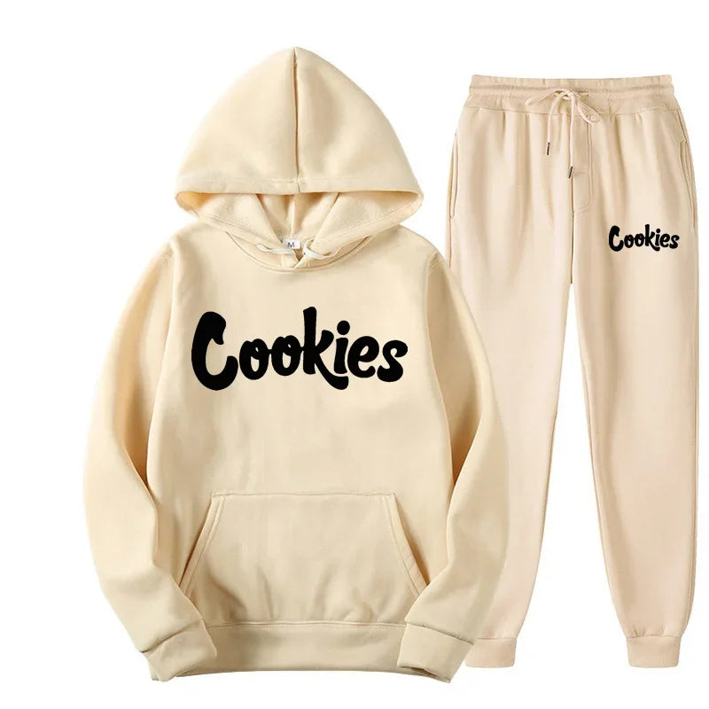 Beige hoodie and pants set with 'Cookies' text on a white background