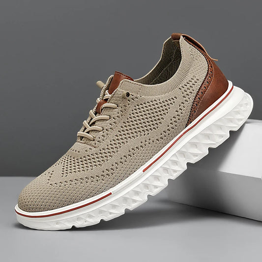 Beige and brown sneaker with white sole on a gray background