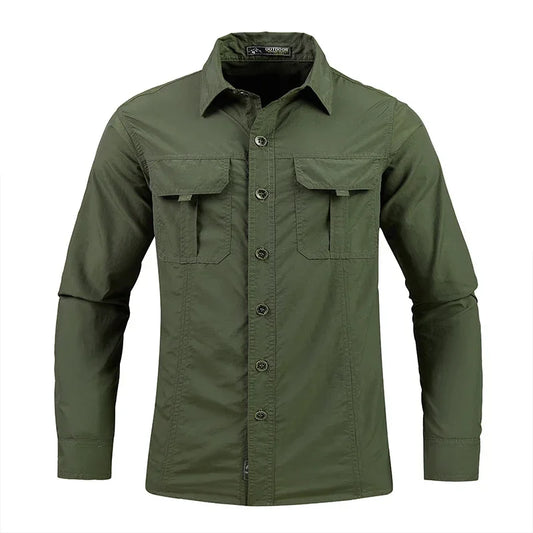 Green shirt with button details on a white background