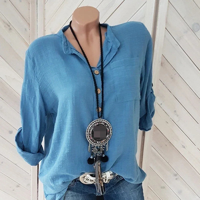 Women Blouses Cotton Linen Blouse Autumn Shirts Casual Long Sleeve Button V Neck Loose Shirt Lady Tops Tailor-made T-Shirts