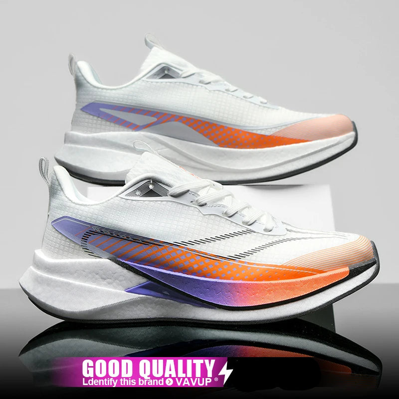 White running shoes with colorful sole on a reflective surface, VAVUP brand visible.
